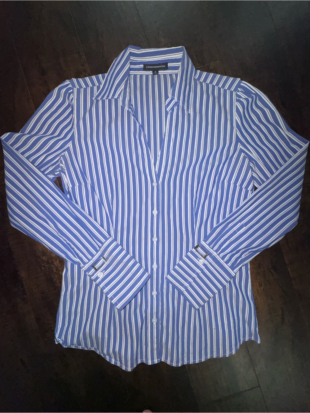 Express Design Studio Blue White Striped Buckle Cuff Blouse M
